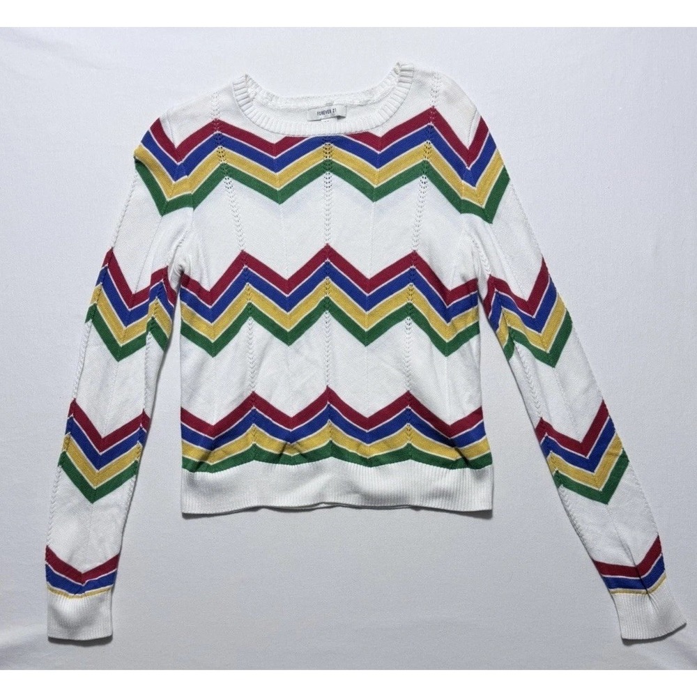 Forever 21 Rainbow Chevron Sweater Small White Colorful Knit Boho - Picture 2 of 10
